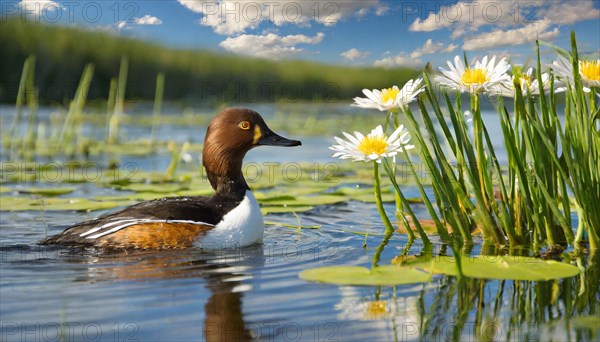 KI generated, animal, animals, bird, birds, biotope, habitat, a, individual, swims, water, reeds, water lilies, blue sky, foraging, wildlife, summer, seasons, northern shoveler (Spatula clypeata), female