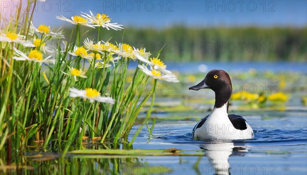 Ai generated, animal, animals, bird, birds, biotope, habitat, a, individual, swims, water, reeds, water lilies, blue sky, foraging, wildlife, summer, seasons, northern shoveler (Spatula clypeata), male, drake