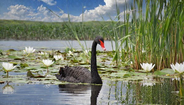 Ai generated, animal, animals, bird, birds, biotope, habitat, a, individual, swims, waters, reeds, water lilies, blue sky, foraging, wildlife, summer, seasons, black swan (Cygnus atratus), Black Swan