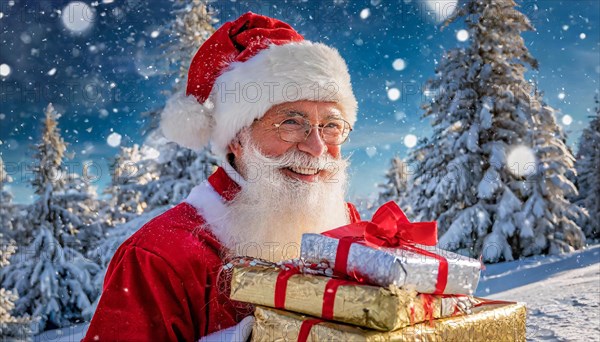 AI generated, man, 70+, Father Christmas, red coat, backpack, full beard, winter, snow, ice, fir trees, snowy, snowflakes, winter landscape, Christmas hat, costume, clothes, colourful, colourful presents, packages, nice teeth, smiles, friendly, Christmas, evening, night shot, winter forest
