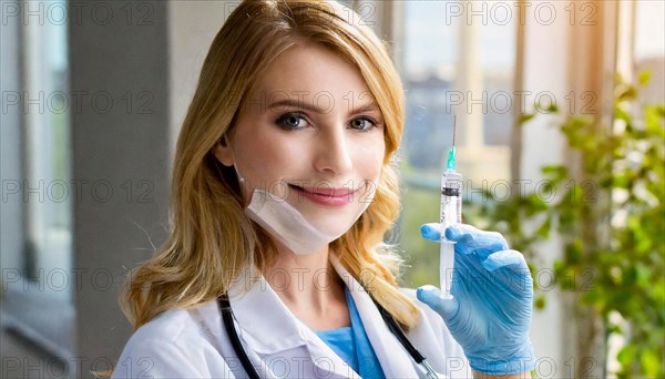 AI generated, RF, woman, woman, doctor, female doctor, 25, 30, years, attractive, attractive, doctor's office, holds a syringe in her hand, disposable syringe, flu shot, corona, pneumococcal, prevention, health, blonde, blonde, beautiful teeth, long hair