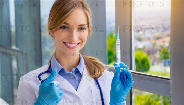 AI generated, RF, woman, woman, doctor, female doctor, 25, 30, years, attractive, attractive, doctor's office, holds a syringe in her hand, disposable syringe, flu shot, corona, pneumococcal, prevention, health, blonde, blonde, beautiful teeth, long hair