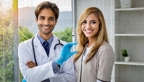 Ai generated, RF, woman, woman, man, men, doctor, female doctor, two, 30-35, years, attractive, attractive, doctor's office, holds a syringe in her hand, disposable syringe, flu shot, corona, pneumococcal, prevention, health, blond, blonde, blonde, beautiful teeth, long hair, two people