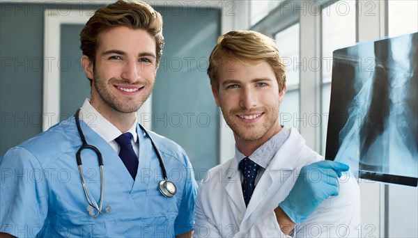 AI generated, RF, man, doctor, doctors, medical team, team, 30+, years, attractive, attractive, doctor's office, look at an x-ray, x-ray, examination, check-up, health, beard wearer, beautiful teeth, long hair, beard wearer, two people