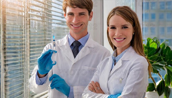 Ai generated, RF, woman, woman, man, men, doctor, female doctor, two, 30-35, years, attractive, attractive, doctor's office, holds a syringe in her hand, disposable syringe, flu shot, corona, pneumococcal, prevention, health, blond, blonde, blonde, beautiful teeth, long hair, two people