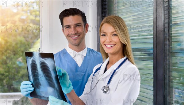 KI generated, RF, woman, woman, man, doctor, medical, medical team, team, 30+, years, attractive, attractive, doctor's office, look at an x-ray, x-ray, examination, check-up, health, blonde, blond, blonde, beautiful teeth, long hair, beard bearer, two people