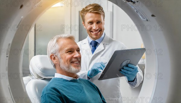 AI generated, RF, man, men, doctor, doctors, 30, 35, years, attractive, attractive, doctor's office, CT, scan, computer tomography, computed tomography, preventive care, health, smiles, beautiful teeth, bearded, generates a three-dimensional X-ray image, modern X-ray machine, X-rays, patient, senior, seniors, AI generated