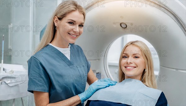 AI generated, RF, woman, woman, doctor, doctors, female doctor, 30, 35, years, attractive, attractive, doctor's office, CT, scan, computer tomography, computer tomography, preventive care, health, smiles, beautiful teeth, generates a three-dimensional X-ray image, modern X-ray machine, X-rays, X-ray image, patient, AI generated