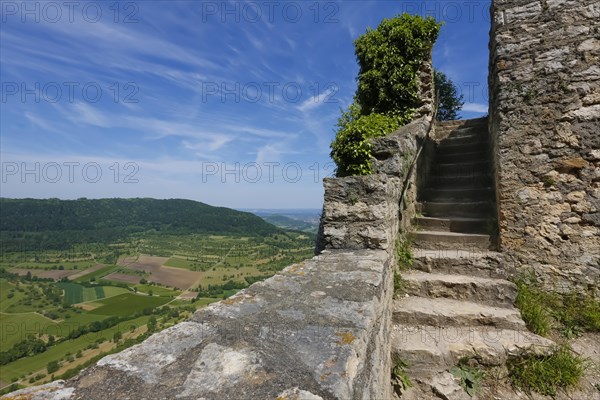 Ruin Reussenstein, ruin of a rock castle above Neidlingen, rocks above the Neidlingen valley, ministerial castle of the Teck lordship, stone steps, wall, view of the Neidlingen valley, view, landscape, nature, mountains, meadows, bushes, trees, Albtrauf, Neidlingen, Swabian Alb, Baden-Wuerttemberg, Germany, Europe