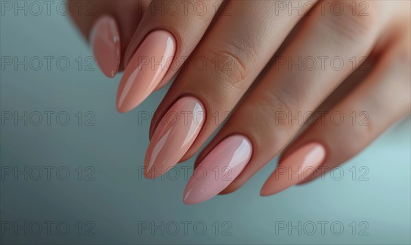 Female hands with pink and beige nail design. Nail polish manicure AI generated