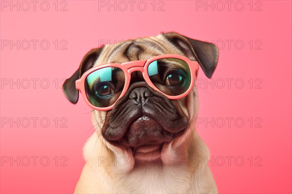 Cute pug dog with pink sunglasses. KI generiert, generiert AI generated