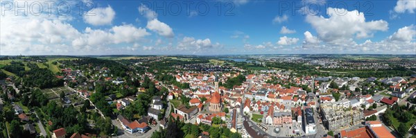 Aerial view of Dingolfing with a view of the historic town centre. Dingolfing, Lower Bavaria, Bavaria, Germany, Europe