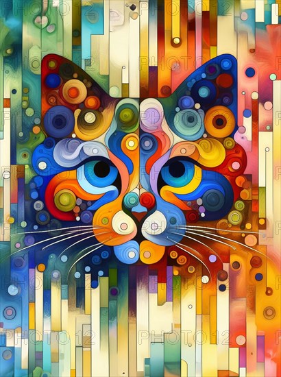 Colorful abstract geometric painting of a cat with a drip effect, AI generated