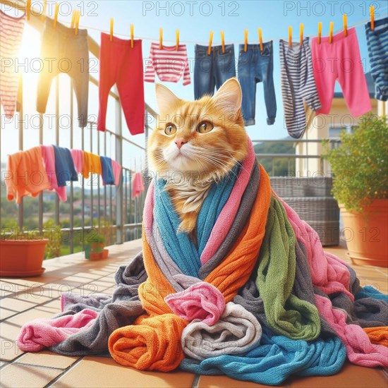 A ginger cat wrapped in colorful towels sits on a balcony with laundry drying in the background, AI generated