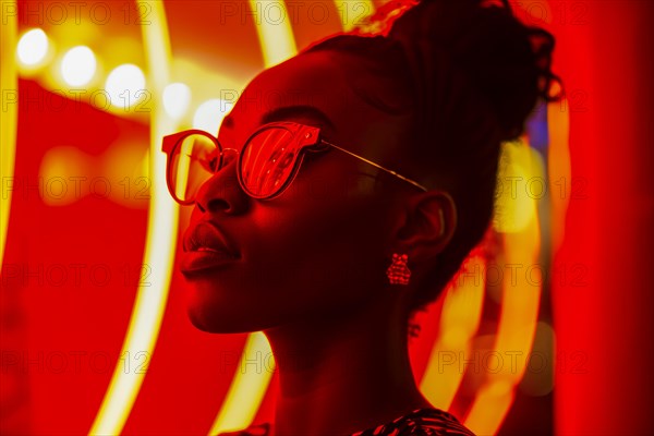 Side silhouette of a woman with trendy glasses, surrounded by a soft, red neon light in a disco, AI generated, AI generated