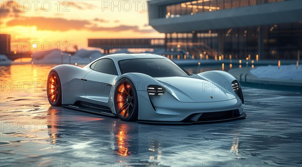 A futuristic white Porsche with reflective wheels parked in shallow water at sunset near modern architecture, ai generated, AI generated