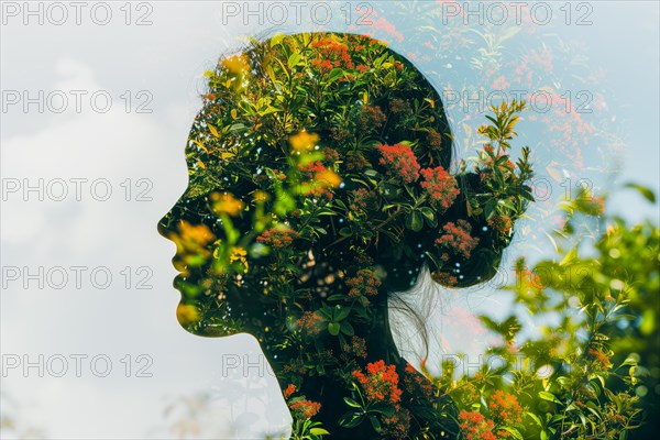 Face of a woman in double exposure with flowers and leaves full of brightness, symbolic image for environmentally conscious living, AI generated, AI generated