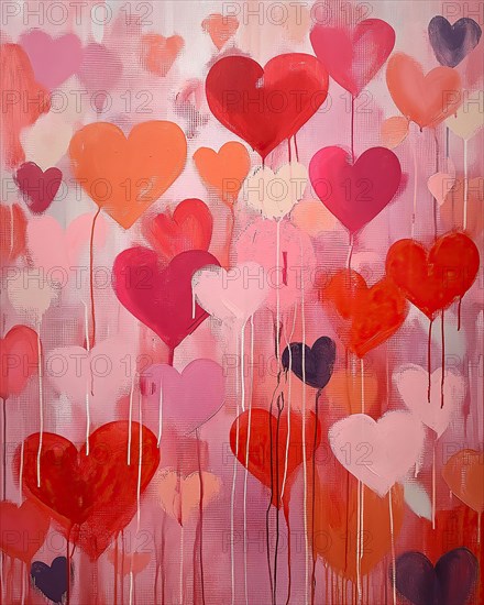A vibrant abstract painting featuring various shades of red and pink hearts against a soft textured background. Perfect for themes of love, romance, and Valentine s Day, AI generated