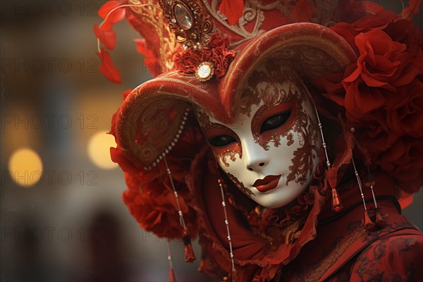 A person adorned in a richly detailed and colorful carnival costume, complete with an elaborate mask, participates in the iconic Venice Carnival, AI generated