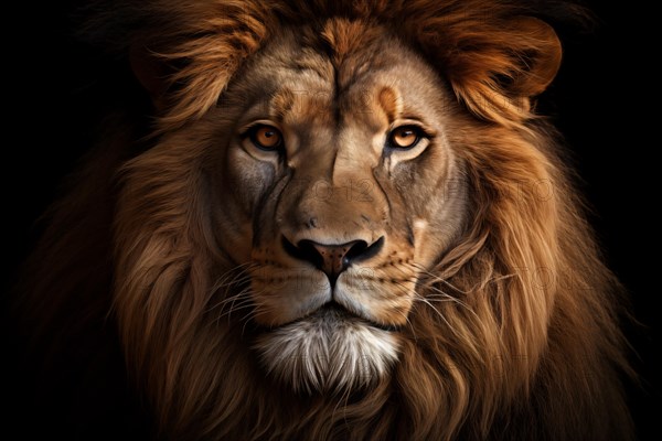 A close-up portrait of a majestic lion with a rich, golden mane, captured with high detail against a dark background, AI generated