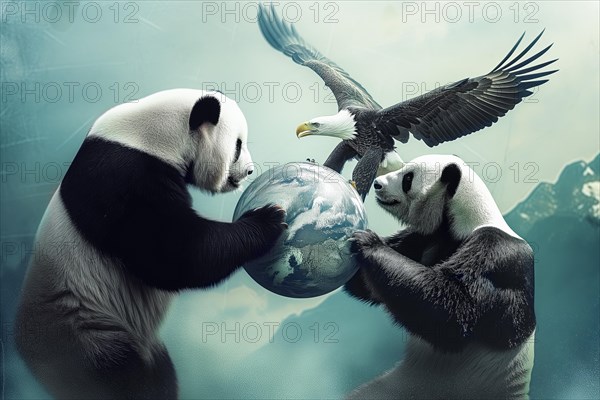Two pandas and a bald eagle in a cool mountain landscape fight for the globe, symbolising the cultural, ideological and economic dominance in the world between China and the USA, AI generated, AI generated