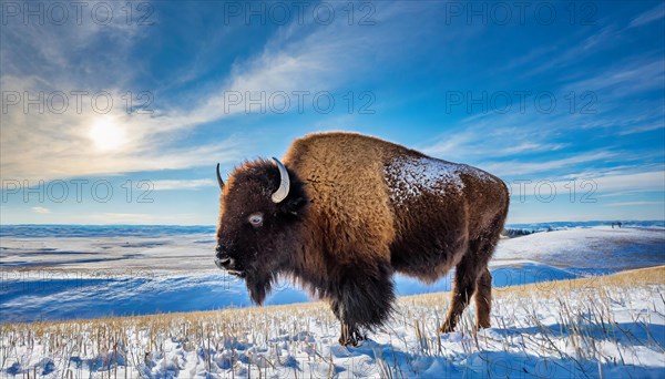 AI generated, animal, animals, mammal, mammals, biotope, habitat, one, individual animal, foraging, wildlife, bison, North America, buffalo, wild cattle, (Bison bonasus), ice, snow, winter, winter landscape