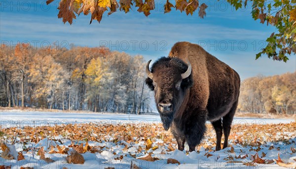 AI generated, animal, animals, mammal, mammals, biotope, habitat, one, individual, foraging, wildlife, bison, North America, Buffalo, wild cattle, (Bison bonasus), autumn, autumn leaves, early winter, snow