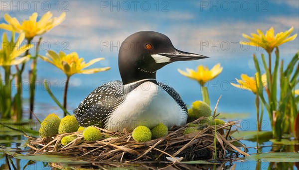 Ai generated, animal, animals, bird, birds, biotope, habitat, a, individual, swims, waters, breeds, nest, reeds, water lilies, blue sky, foraging, wildlife, summer, seasons, loon, (Gavia immer), tundra, Greenland, Iceland, Canada, loon, winters on the coasts of Europe, North America