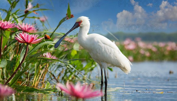 Ai generated, animal, animals, bird, birds, biotope, habitat, a, individual, swims, waters, reeds, water lilies, blue sky, foraging, wildlife, summer, seasons, spoonbill, (Platalea leucordia), spoonbill