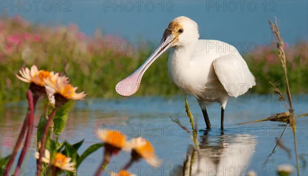 Ai generated, animal, animals, bird, birds, biotope, habitat, a, individual, swims, waters, reeds, water lilies, blue sky, foraging, wildlife, summer, seasons, spoonbill, (Platalea leucordia), spoonbill