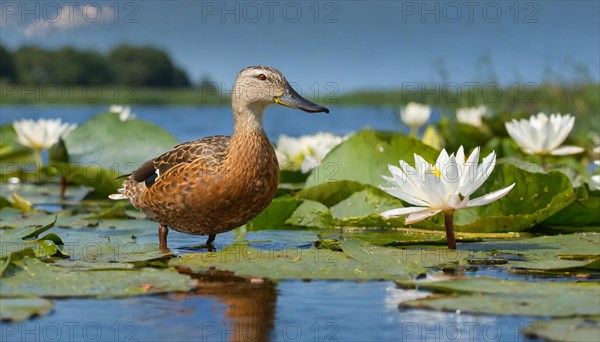 KI generated, animal, animals, bird, birds, biotope, habitat, a, individual, swims, water, reeds, water lilies, blue sky, foraging, wildlife, summer, seasons, northern shoveler (Spatula clypeata), female