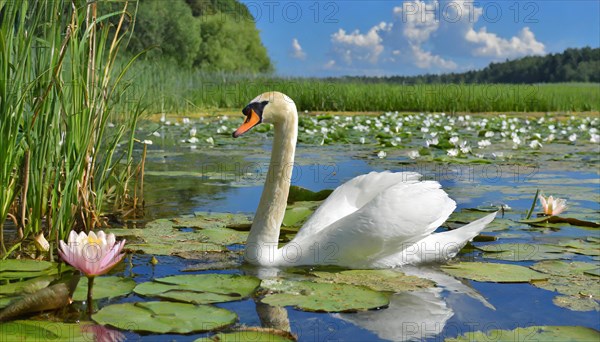 Ai generated, animal, animals, bird, birds, biotope, habitat, a, individual, swims, waters, reeds, water lilies, blue sky, foraging, wildlife, summer, seasons, mute swan (Cygnus olor)