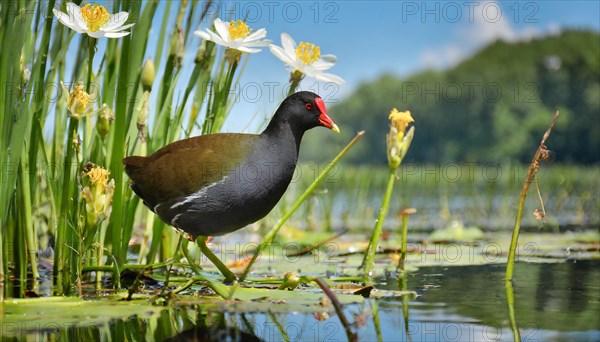 Ai generated, animal, animals, bird, birds, biotope, habitat, a, individual, swims, water, reeds, water lilies, blue sky, foraging, wildlife, summer, seasons, moorhen, moorhen rail, (Gallinula chloropos)