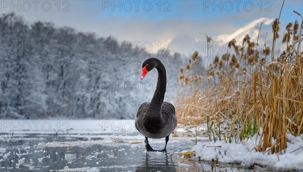 KI generated, animal, animals, bird, birds, biotope, habitat, one, individual, water, reed, blue sky, foraging, wildlife, summer, seasons, black swan (Cygnus atratus), Black Swan, snow, ice, winter