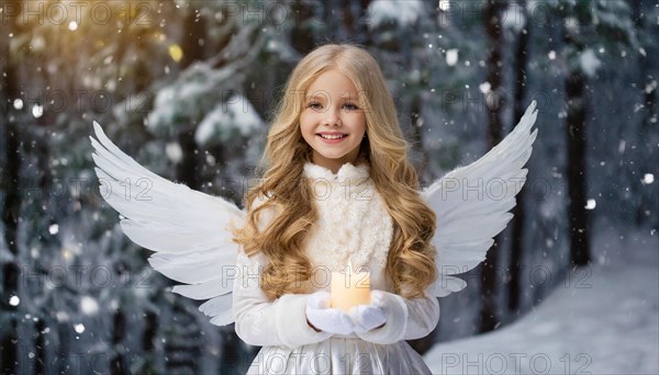 AI generated, girl, angel, winter, snow, ice, firs, snowy, snowflakes, winter landscape, costume, clothes, angel costume, candle, candles, light, lights, beautiful teeth, smiles, friendly, Christmas, evening, night shot, winter forest, church, one person, 8-12 years, burning candle