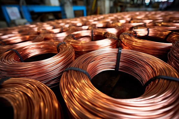 Rolled up copper wires stored in warehouse. KI generiert, generiert AI generated