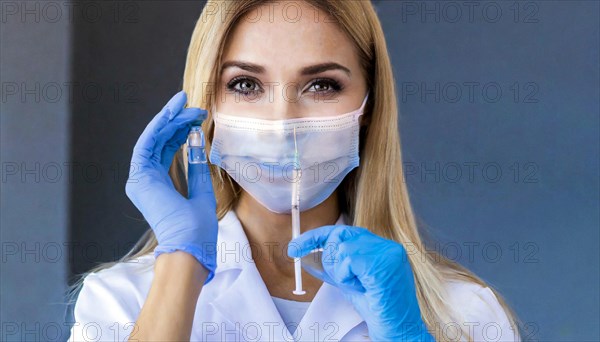 AI generated, RF, woman, woman, doctor, female doctor, 25, 30, years, attractive, attractive, doctor's office, holds a syringe in her hand, disposable syringe, flu shot, corona, pneumococcal, prevention, health, blonde, blonde, beautiful teeth, long hair