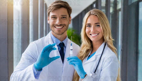 Ai generated, RF, woman, woman, man, men, doctor, female doctor, two, 30-35, years, attractive, attractive, doctor's office, holds a syringe in her hand, disposable syringe, flu shot, corona, pneumococcal, prevention, health, blond, blonde, blonde, beautiful teeth, long hair, two people