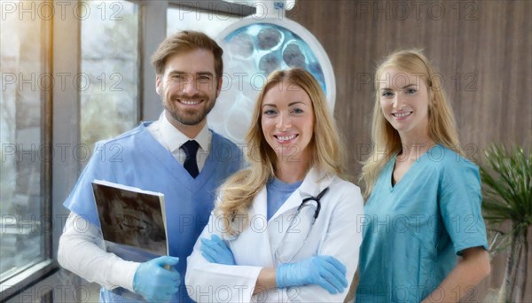 KI generated, RF, woman, woman, man, doctor, medical, medical team, team, 30+, years, attractive, attractive, medical practice, look at an x-ray, x-ray, examination, check-up, health, blond, blonde, blonde, beautiful teeth, long hair, beard bearer, three people