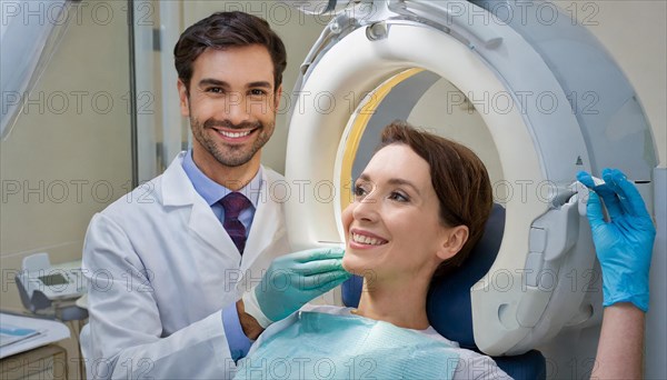 AI generated, RF, woman, woman, doctor, doctors, female doctor, 30, 35, years, attractive, attractive, doctor's office, CT, scan, computer tomography, computer tomography, preventive care, health, smiles, beautiful teeth, generates a three-dimensional X-ray image, modern X-ray machine, X-rays, X-ray image, patient, AI generated