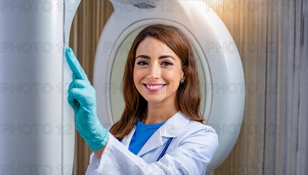 AI generated, RF, woman, woman, doctor, doctors, female doctor, 30, 35, years, attractive, attractive, doctor's office, CT, scan, computer tomography, computer tomography, preventive care, health, smiles, beautiful teeth, generates a three-dimensional X-ray image, modern X-ray machine, X-rays, X-ray image, AI generated