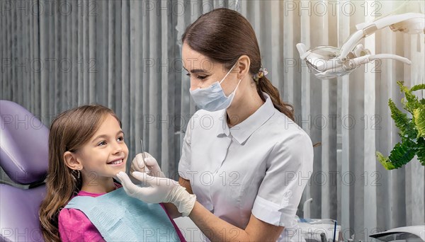 AI generated, dentist treats a little girl, dentist, blonde, 30, 35, years, dental treatment, follow-up, AI generated