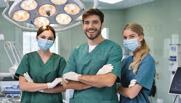 AI generated, RF, woman, woman, man, doctor, doctor team, team, 30, years, attractive, attractive, doctor's office, operating theatre, operating room, examination, prevention, health, blond, blonde, blonde, beautiful teeth, long hair, beard bearer, three people, two. woman, one doctor, AI generated