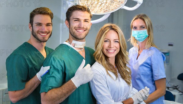 AI generated, RF, woman, woman, man, doctor, doctor team, team, 30, years, attractive, attractive, doctor's office, operating theatre, operating room, examination, prevention, health, blond, blonde, blonde, beautiful teeth, long hair, beard bearer, four, people, two. woman, two doctors, AI generated