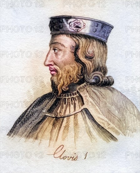 Clovis I c. 466, 511 First King of the Salian Franks from the book Crabbs Historical Dictionary of 1825, Historical, digitally restored reproduction from a 19th century original, Record date not stated