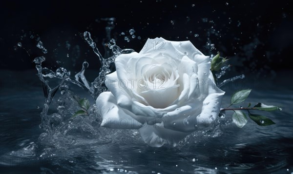 A white rose in dynamic water splash against a dark background, evoking energy AI generated