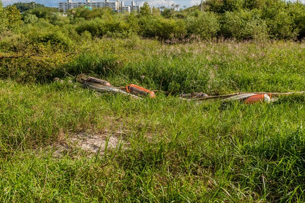 Debris laying in tall grass after flooding caused by monsoon rains with apartment buildings in background in South Korea