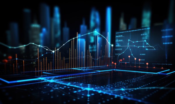 Cityscape with financial charts on a dark background AI generated