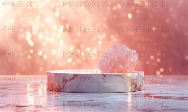 Pink marble podium with shadow of leaves and rose quartz texture background AI generated