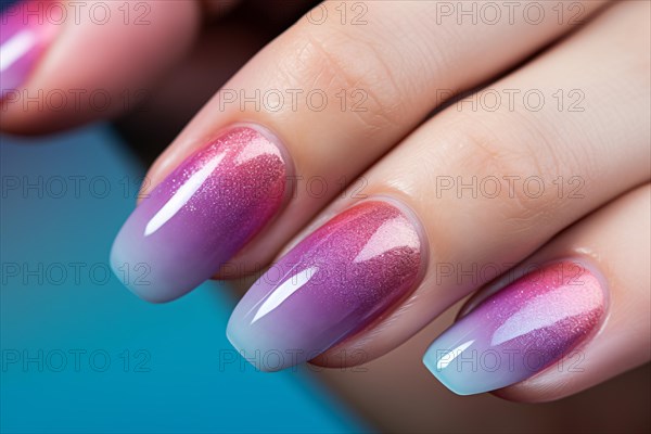 Clos eup of ombre blue, purple and pink finger nail art deisgn. KI generiert, generiert AI generated